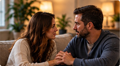 Couple speaking together on a couch