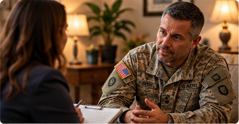 US Army soldier in camouflage speaking with a therapist